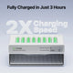 Battery charger with green lights and 'Linogy' branding on a light gray background.